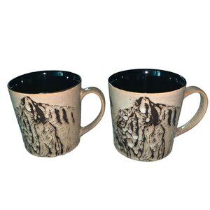 Lot of 2 Blue Harbor Safari‎ Collection Coffee Mugs Tiger & Floral Tan Blue 2015